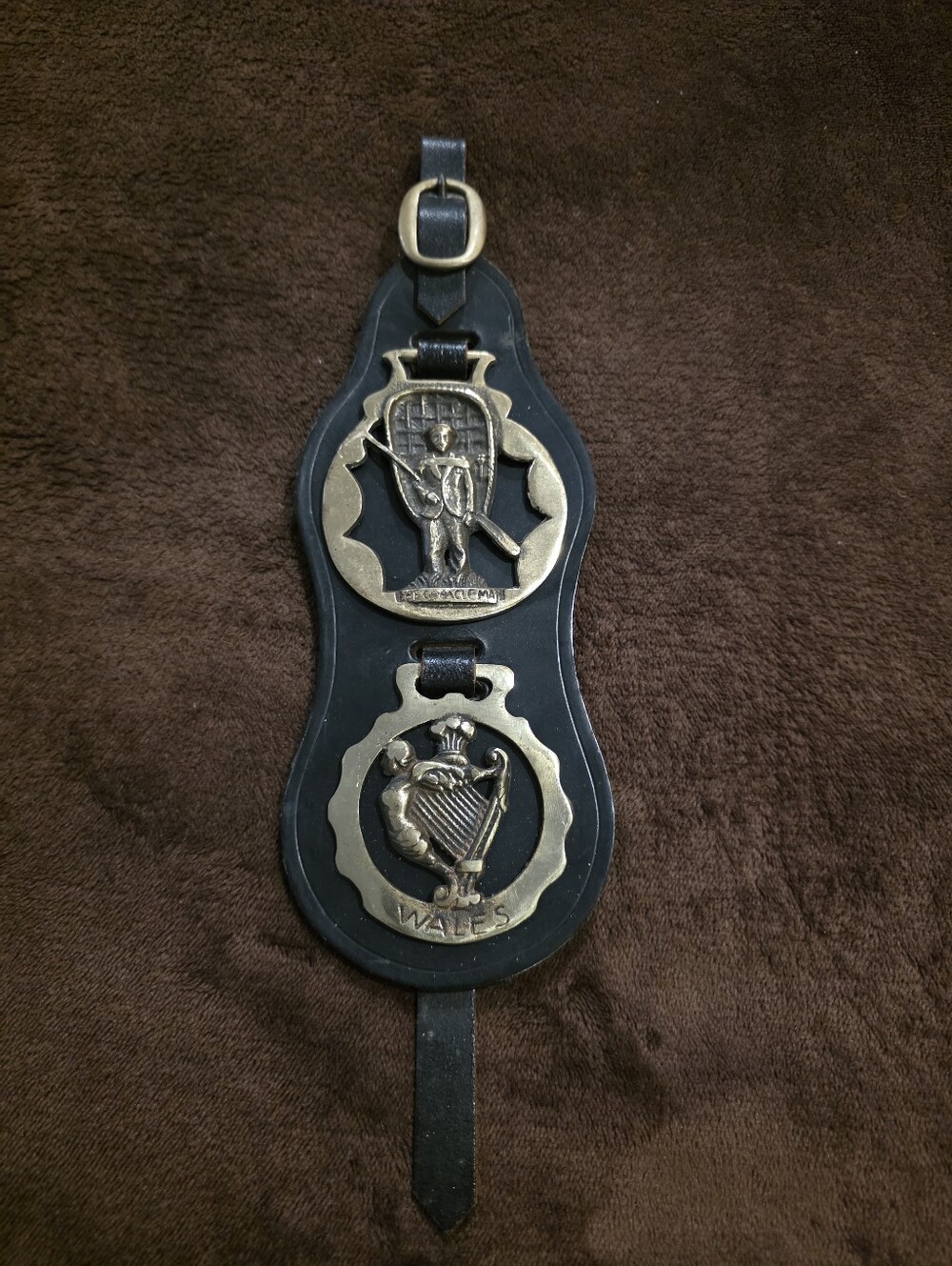 Vintage Black Leather Strap with Brass Welsh Harp & Soldier Medallions